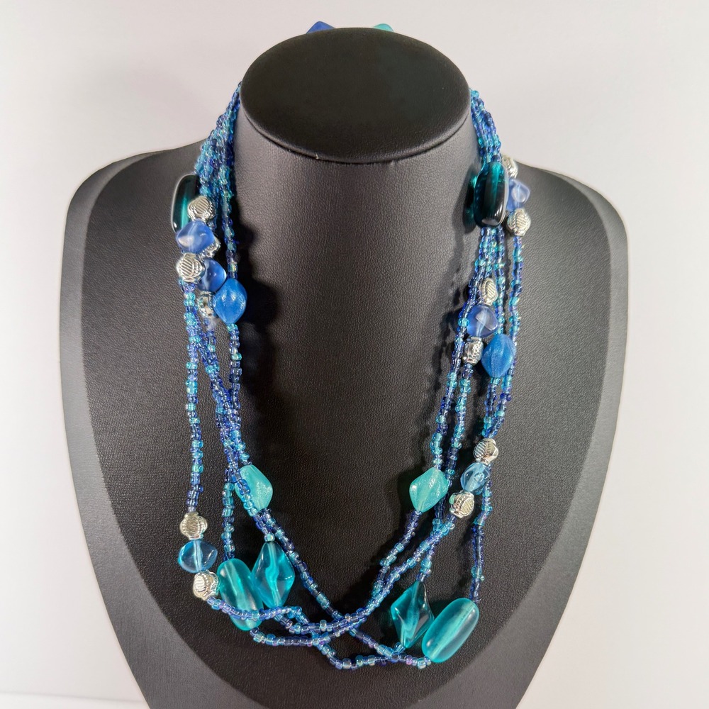 Beaded Multi Strand Layered Necklace Women Blue Teal Silver Tone Boho Jewelry